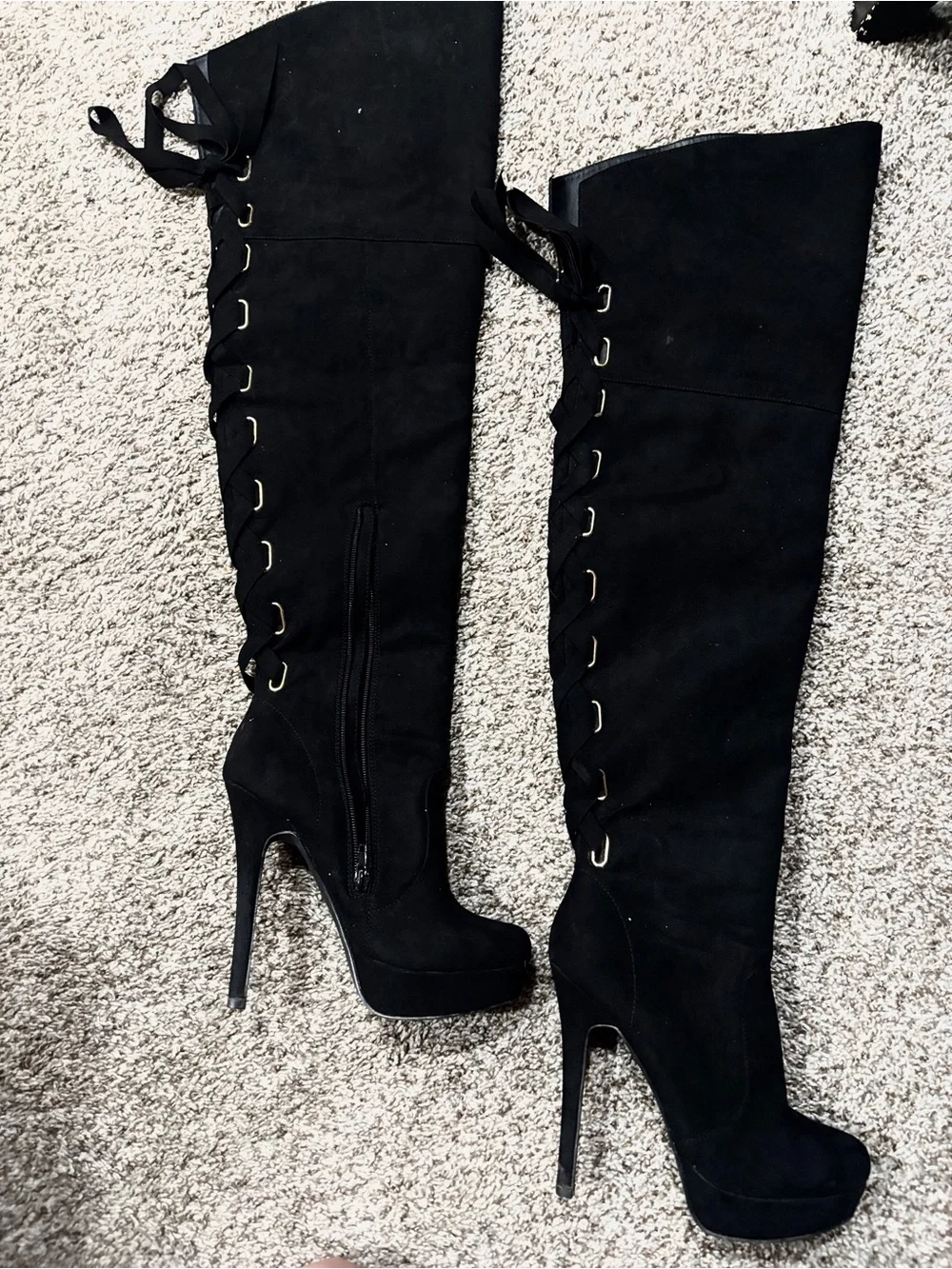 Black Over-the-Knee Lace-Up High Heel Boots